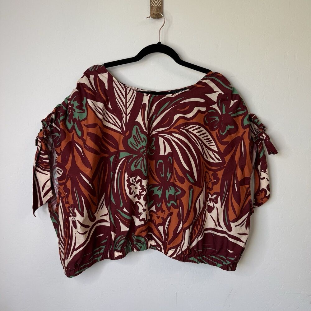 Eloquii Size 28 Tropical Leaf Tie Sleeve Cotton Shapeless Crop Top Botanical